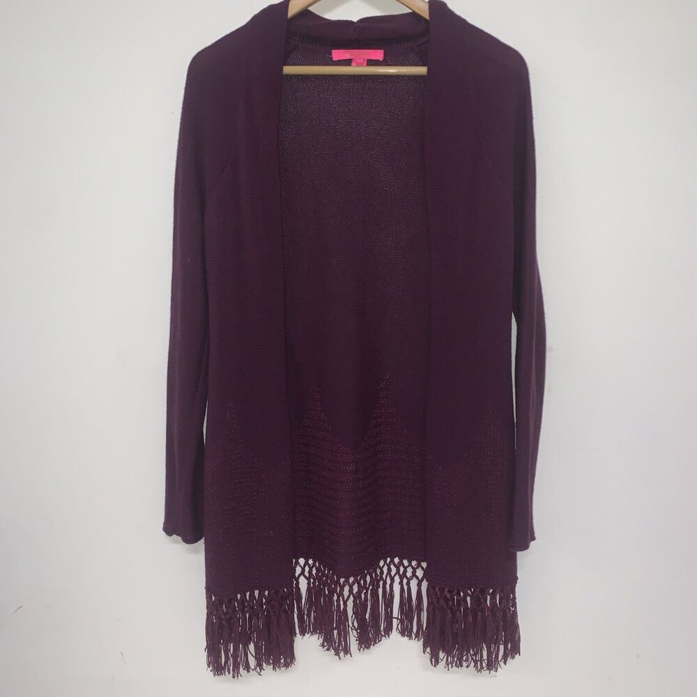 Lilly Pulitzer Tatum Long Cardigan Womens Med Fringe Hem Open Front Classic Boho
